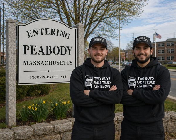 Two men in matching 'Two Guys and a Truck Junk Removal' hoodies stand by a Peabody, Massachusetts sign.