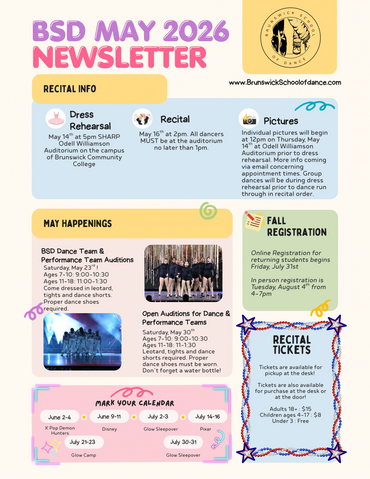 Brunswick School of Dance May 2026 newsletter with recital and registration info.