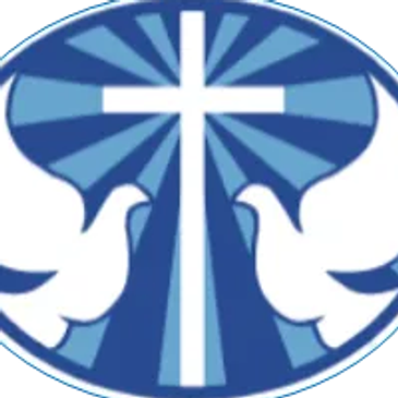 White cross and doves in a blue circular emblem.