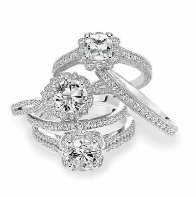 Suite of Diamond Engagement Rings with Diamond Bands