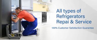 Technician repairing a refrigerator with a service guarantee.