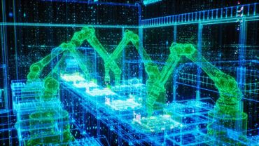 Digital rendering of robotic arms operating in a futuristic factory setting.