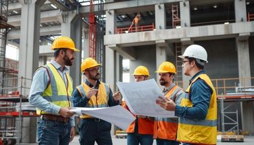 Construction workers discussing plans on-site wearing safety gear.