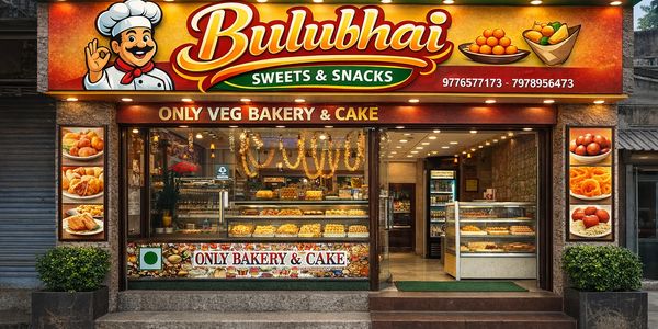 Bulubhai Sweets & Snacks bakery with vibrant signage and colorful displays of sweets.