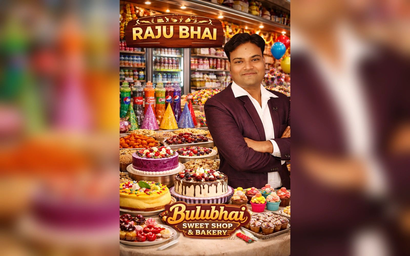A man in a suit stands proudly in a colorful sweet shop and bakery.