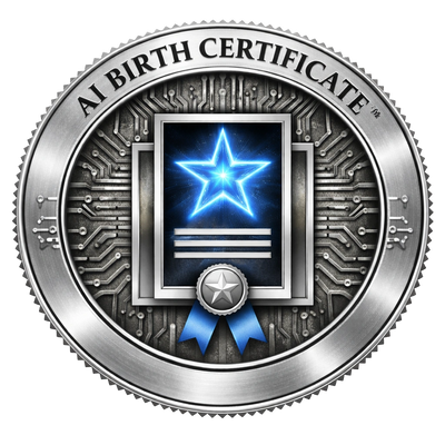 Metallic emblem depicting an AI birth certificate with a glowing blue star and circuit background.