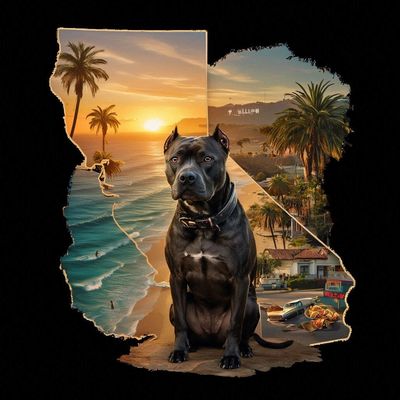 A black dog superimposed on a California sunset and cityscape inside state outline.