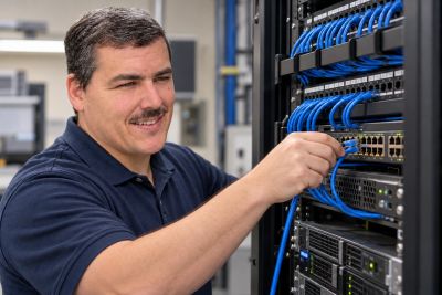 Man connecting cables in a server rack.