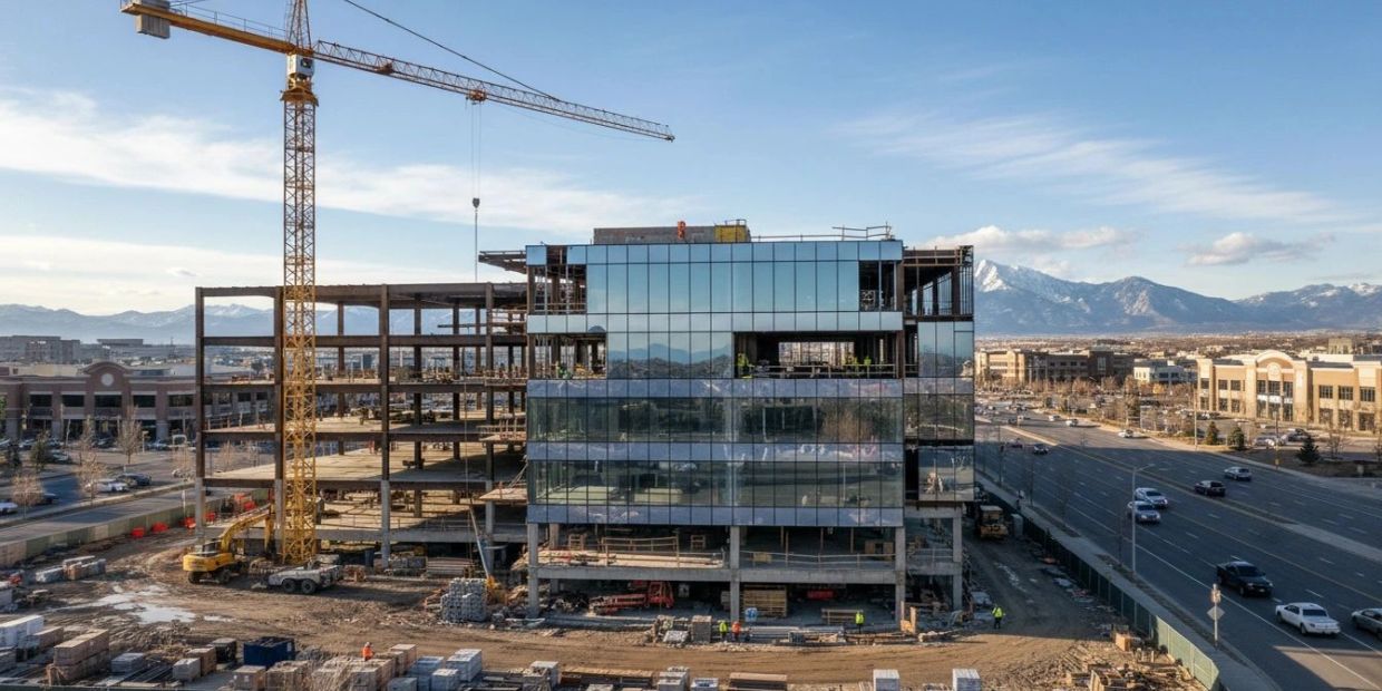 Modern building under construction with mountains in the background.
