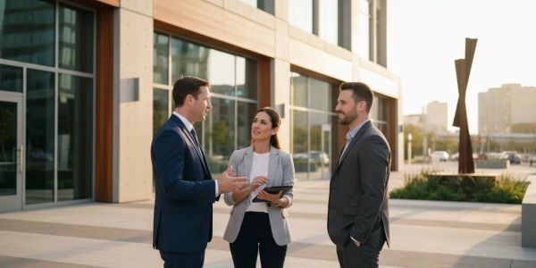 Three professionals discussing outside a modern office building.