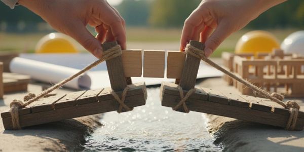 Hands adjusting a small wooden bridge model over water.