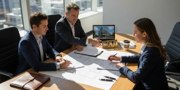 Three professionals sign documents at a business meeting.
