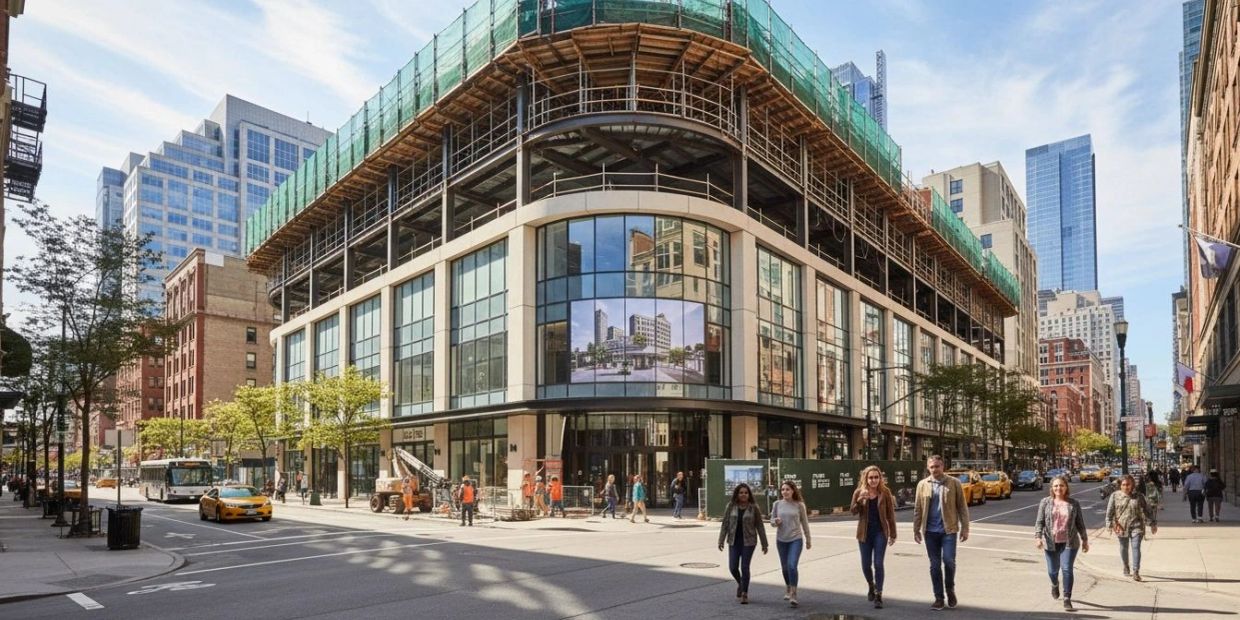 Pedestrians walk near a modern building under construction in an urban setting.