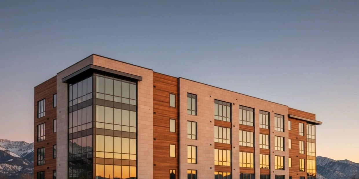 Modern apartment building with large glass windows at sunset.