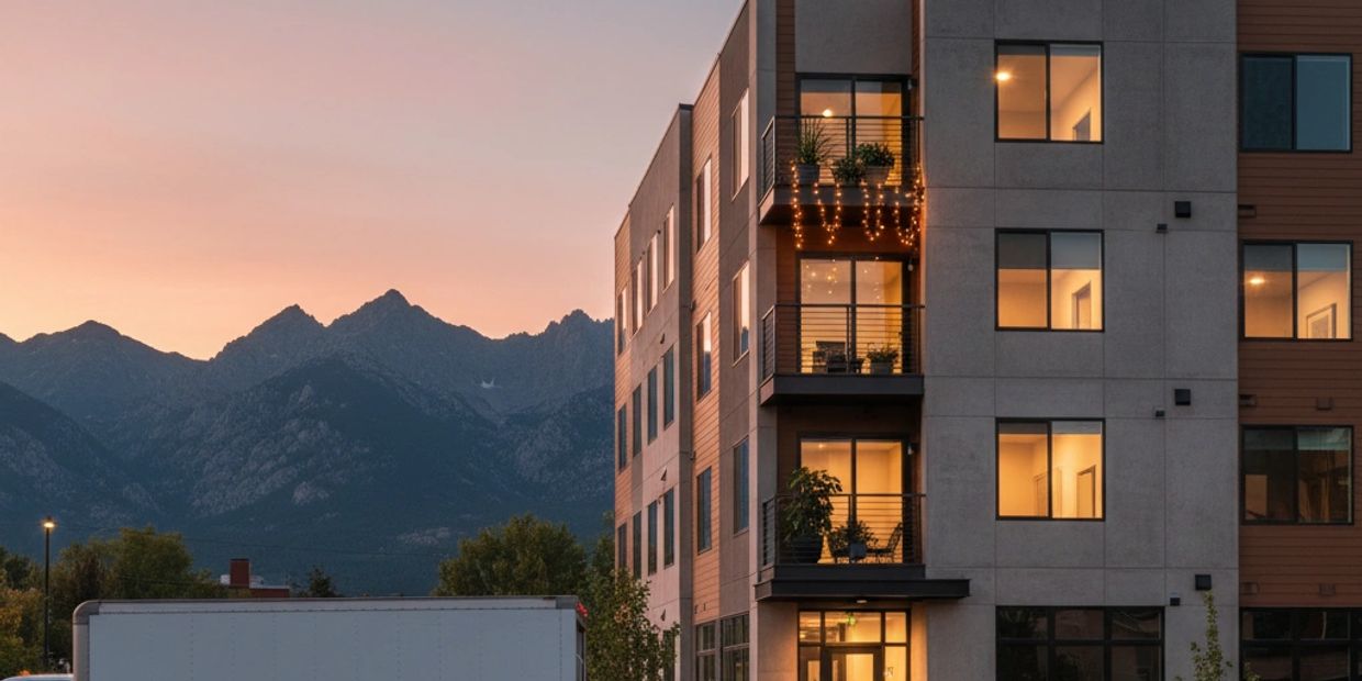 Modern apartment building with mountain backdrop at sunset.