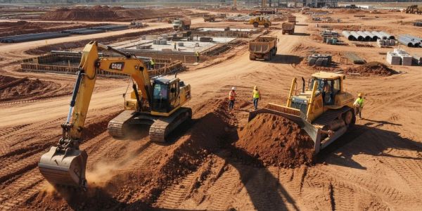 Construction site with excavator and bulldozer moving dirt.
