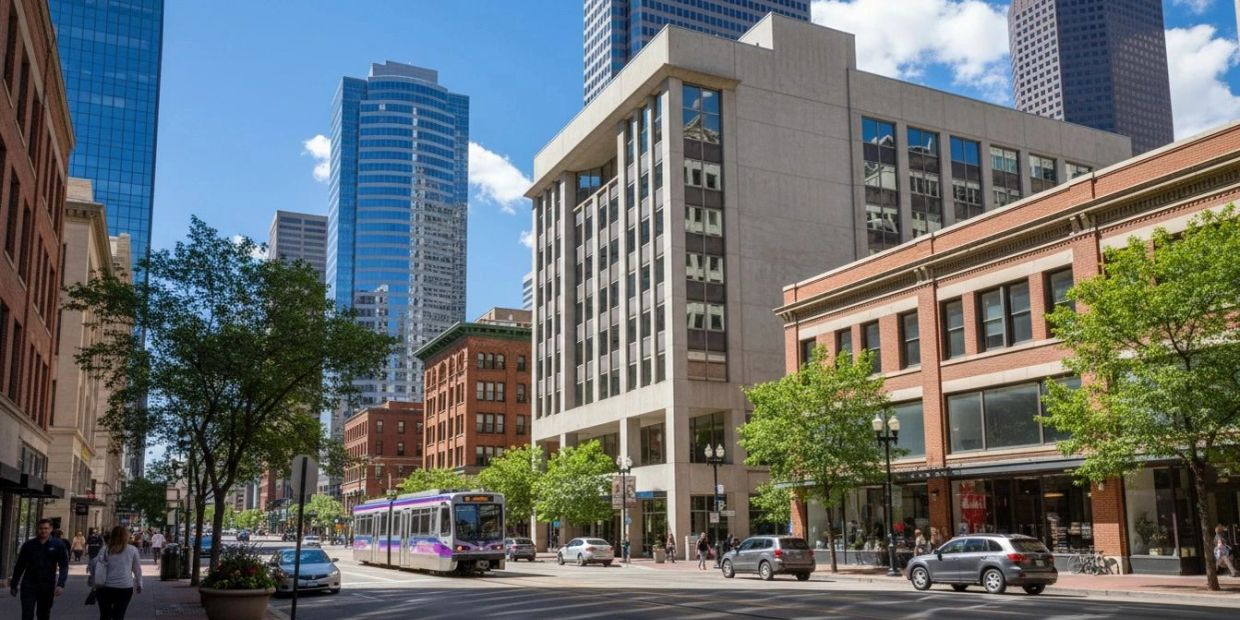 Urban street with modern and historic buildings under a blue sky.