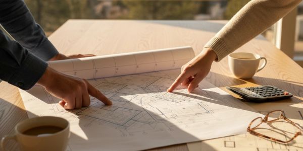 Two people pointing at architectural plans on a table.