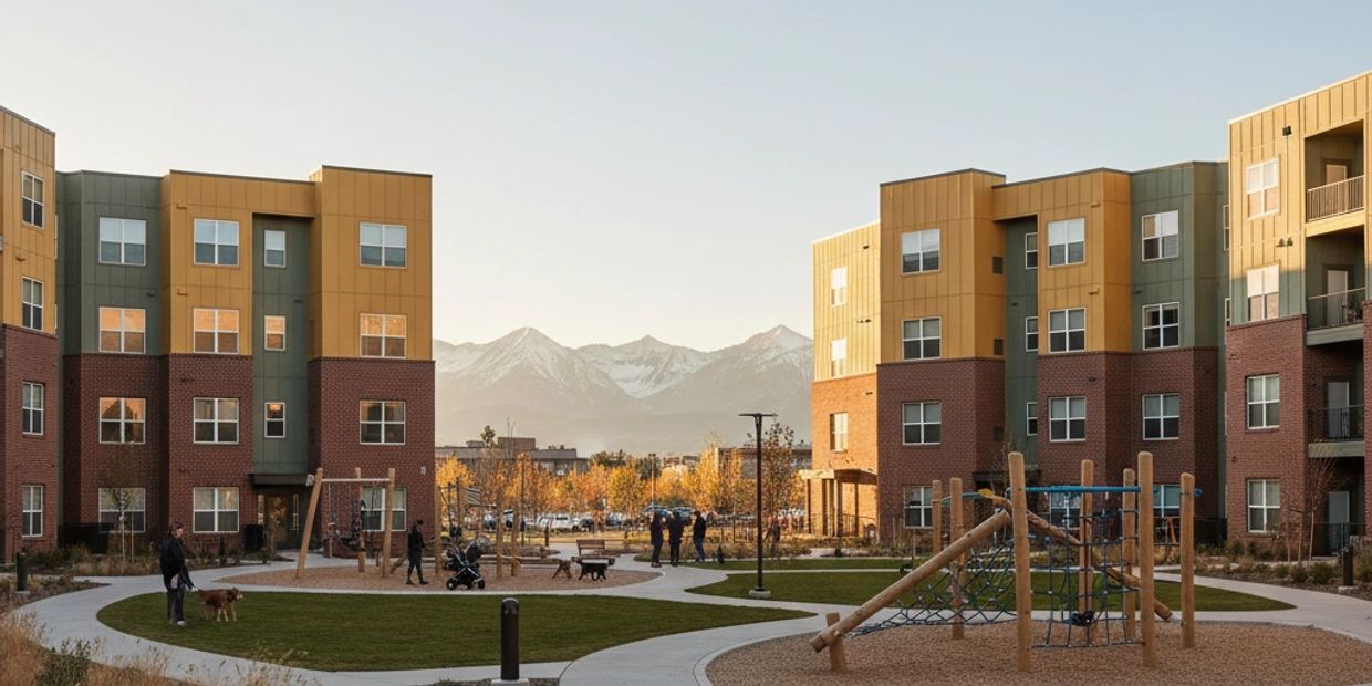 Modern apartment complex with mountains in the background.