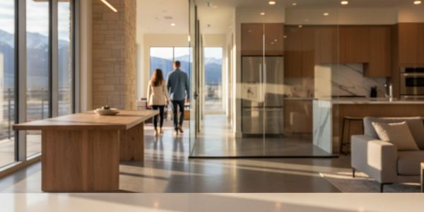 Couple walking inside a modern apartment with large windows.