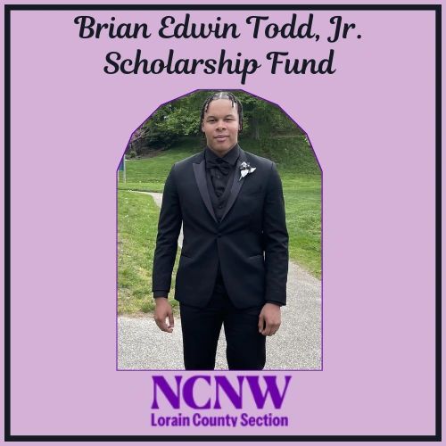 Brian Edwin Todd, Jr. Scholarship Fund announcement with a young man in a black suit.