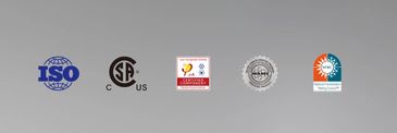 Five certification logos including ISO, CSA, Passive House, NAMI, and NFRC on a gray background.