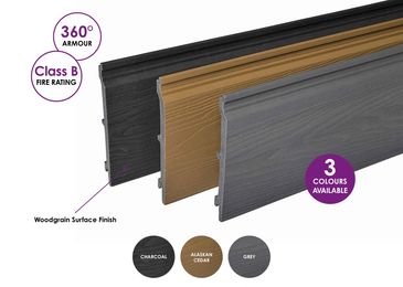 Three woodgrain-finished panels with charcoal, Alaskan cedar, and grey colors.