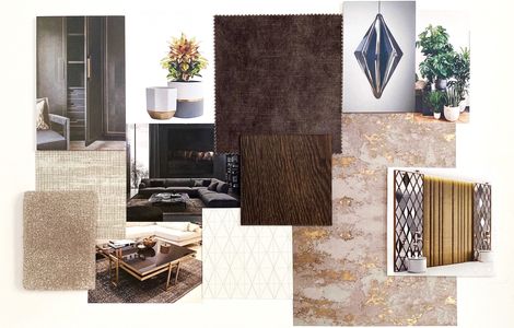 Home interior moodboard: warm neutral shades. Wood/ fabric samples, elegant images of brass details.