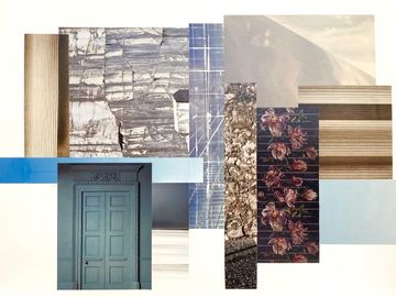 Different textures: Marble mine, bark, pale sky, lines, blue hue strips, deep pink floral, pale door