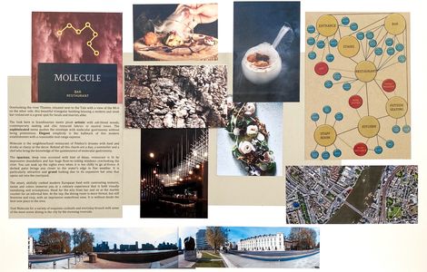 Restaurant site mood board. Molecular gastronomy, lux interiors with riverside view of city.