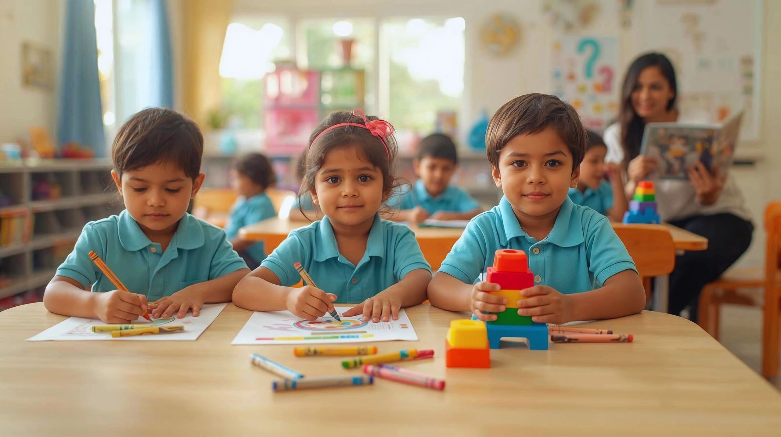 Children learning in a bright preschool classroom at Hummingbird Preschool Bangalore