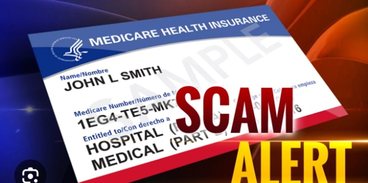 Medicare health insurance card with a bold scam alert warning.