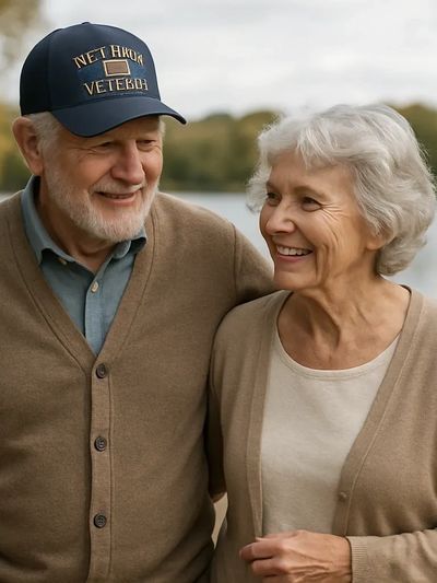 Elderly couple smiling and walking by a lake on an autumn day.