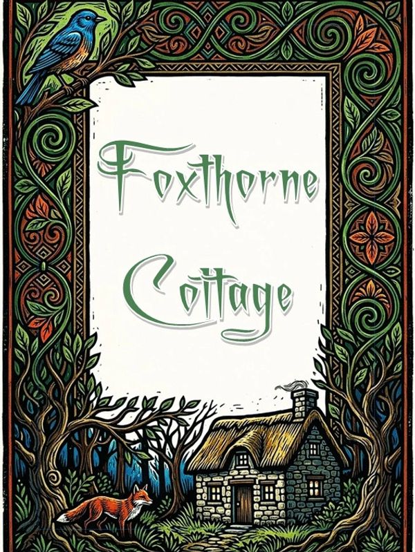 Illustrated sign for Foxthorne Cottage with nature motifs and animals.