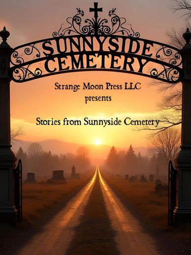 Entrance to Sunnyside Cemetery at sunset with a book title overlay.