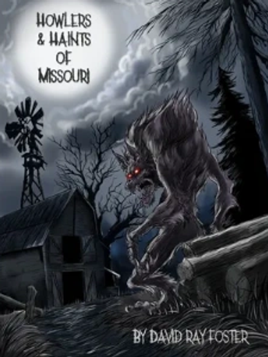 Dark illustration of a werewolf under a full moon near a barn.