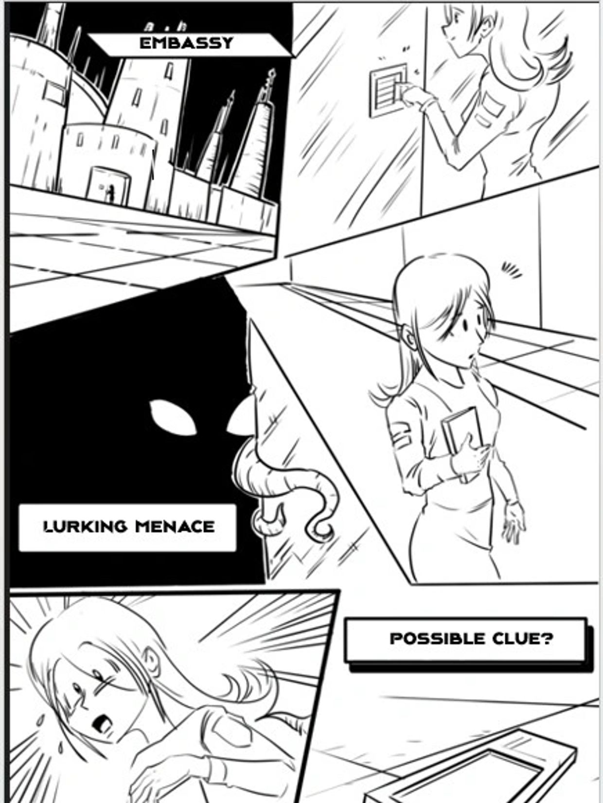 A woman at an embassy senses a lurking danger nearby.