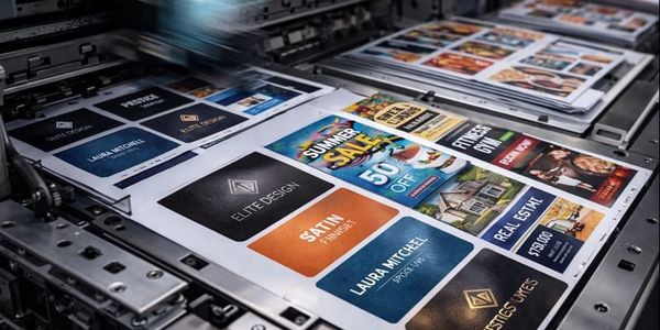 Business cards and flyers being printed in production at Printing Boss in Lancaster CA