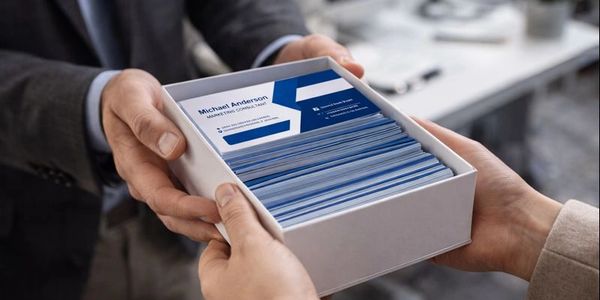 Box of custom business cards being handed to a client by Printing Boss in Lancaster California