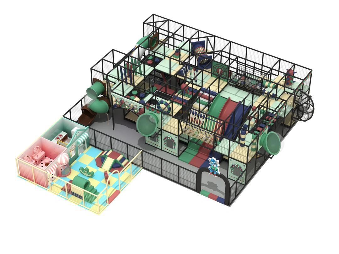 Colorful indoor playground with slides, tunnels, and play areas enclosed in safety nets.