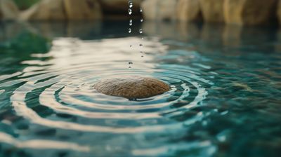 Droplets creating ripples over a stone in water.