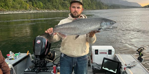 Man proudly holding a large fish on a boat in a scenic river.
