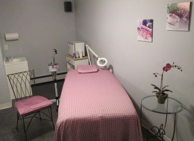 Facial bed with soft pink linens.  Glass table with rose orchid plant.  Facial equipment & spa pics