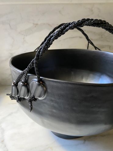 Stoneware Pedestal Bowl with Braided Leather Handles 