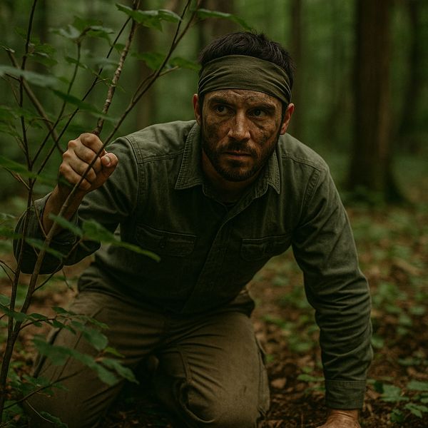 Man crouching in a forest with face paint and headband.