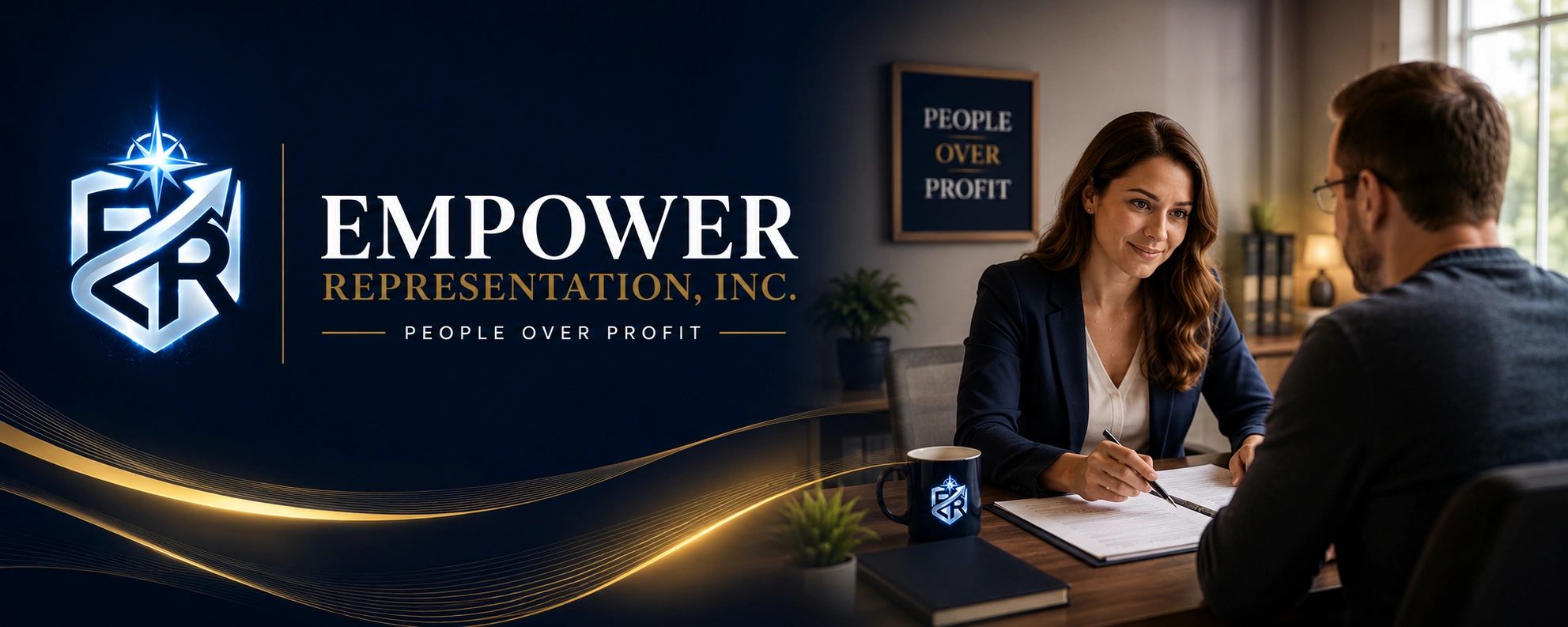 Empower Representation logo and consultation scene.