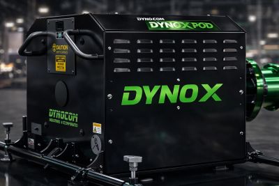 Close-up of a DYNOX machine in a factory setting.