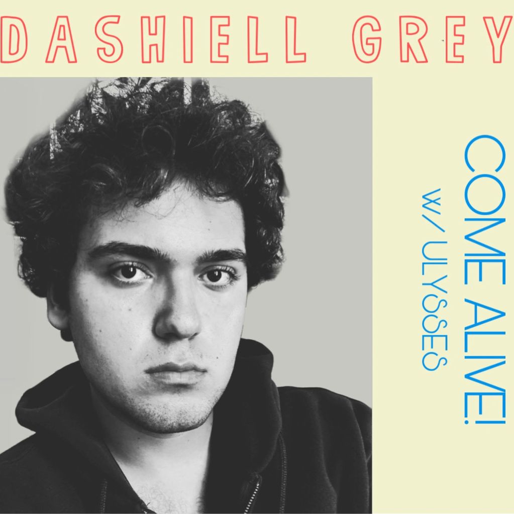 Black-and-white portrait of a young man with text announcing Dashiel Grey's event.