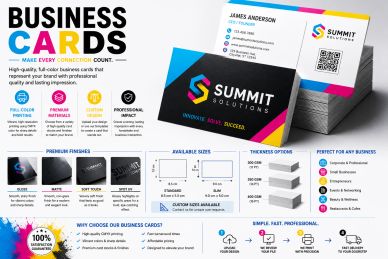 Colorful business card designs showcasing premium finishes and customization options.