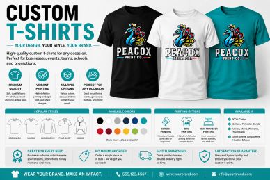Custom T-shirts with vibrant designs for various occasions and brands.